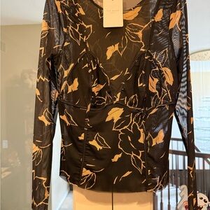 New Ted Baker Black and Gold Leaf Print Blouse